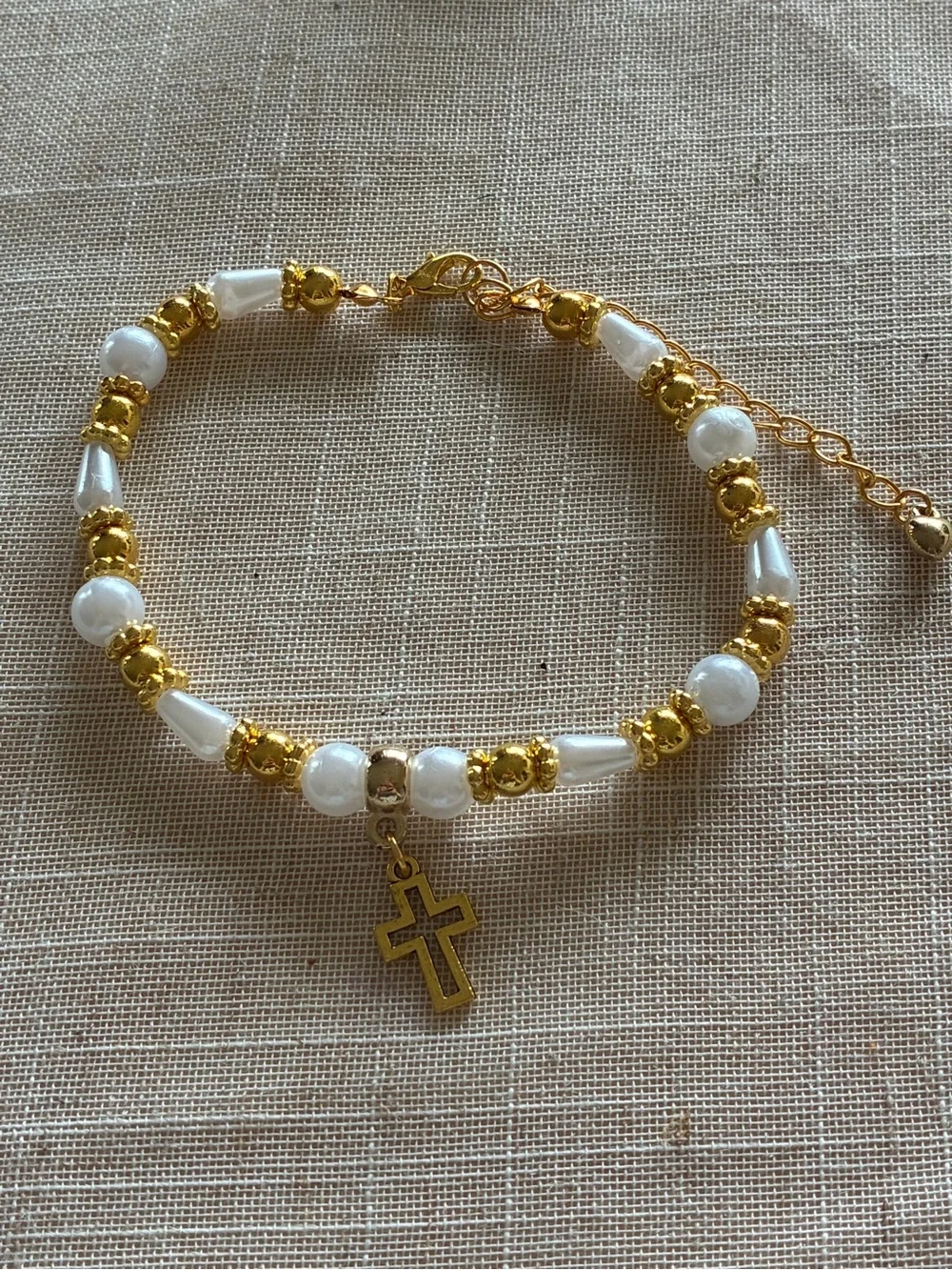 Gold & White Beaded Cross Bracelet, anklet and Earring Set